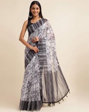 printed cotton saree with tassels