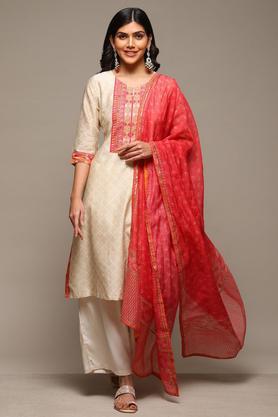 printed cotton silk v neck women's salwar kurta dupatta set - natural