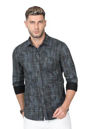 printed cotton slim fit men's casual shirt - black