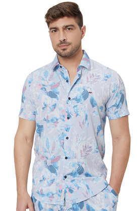 printed cotton slim fit men's casual shirt - blue