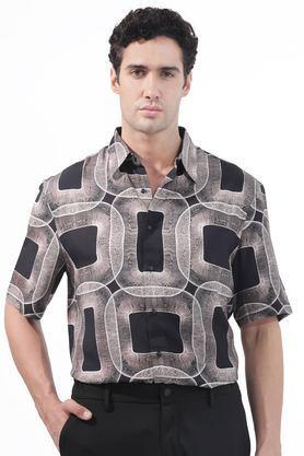 printed cotton slim fit men's casual shirt - brown