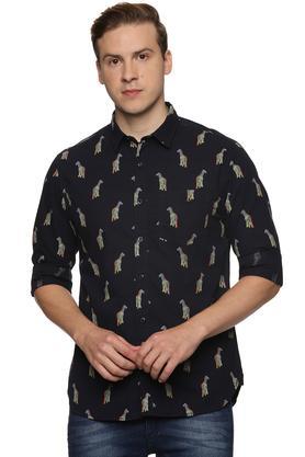 printed cotton slim fit men's casual shirt - navy