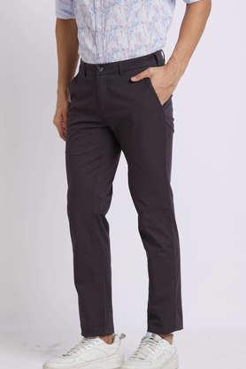 printed cotton slim fit men's casual trousers - black