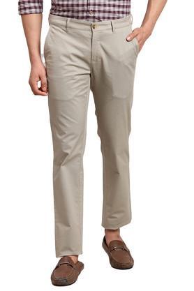 printed cotton slim fit men's casual trousers - fawn