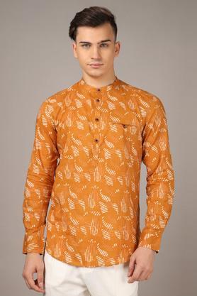 printed cotton slim fit men's casual wear kurta - mustard