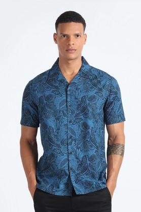 printed cotton slim fit men's casual wear shirt - blue