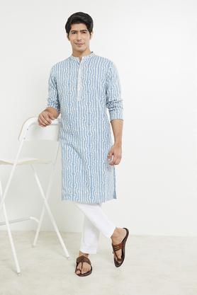 printed cotton slim fit men's long kurta - blue