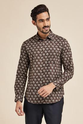 printed cotton slim fit men's shirt - brown