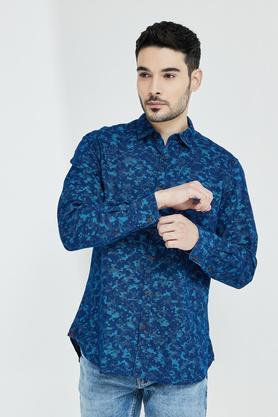 printed cotton slim fit men's shirt - navy