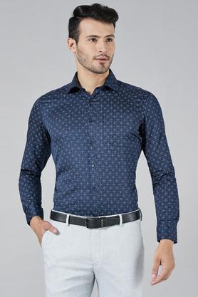 printed cotton slim fit men's shirt - navy