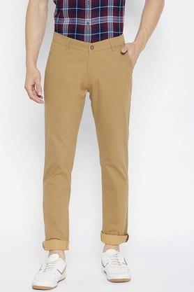 printed cotton slim fit men's trousers - brown