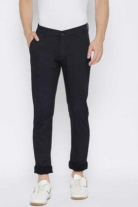 printed cotton slim fit mens trousers - black