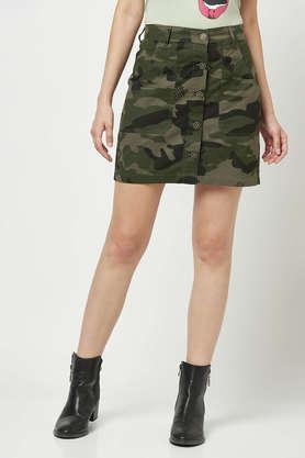 printed cotton slim fit women's skirt - olive