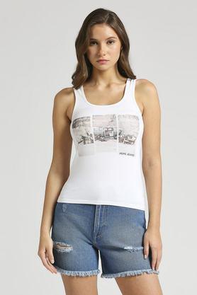 printed cotton slim fit women's t-shirt - white