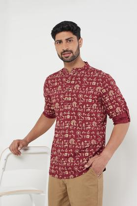 printed cotton slub slim fit men's short kurta - maroon