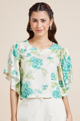 printed cotton slub v neck women's casual wear tunic - off white