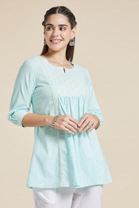 printed cotton slub women's casual wear tunic - ice blue