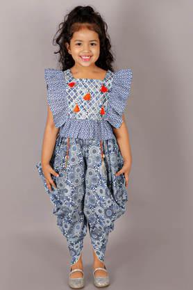 printed cotton square neck girl's fusion wear crop top with dhoti co-ords set - blue