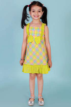 printed cotton square neck girls casual dress - green
