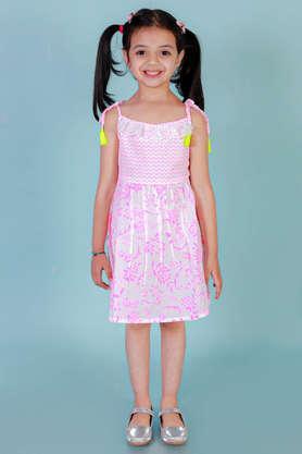 printed cotton square neck girls casual dress - pink