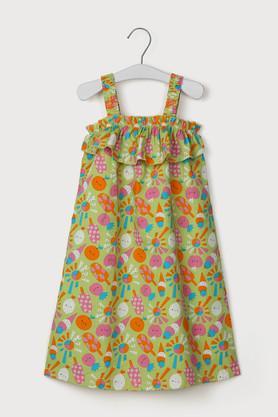 printed cotton square neck girls casual wear dress - multi