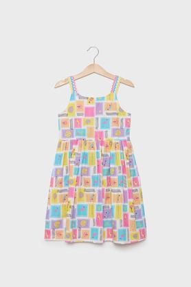 printed cotton square neck girls casual wear dress - multi