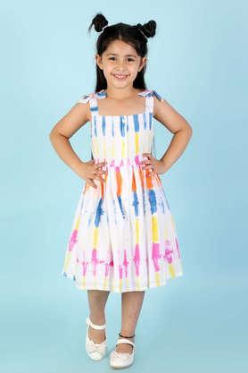 printed cotton square neck girls dress - multi