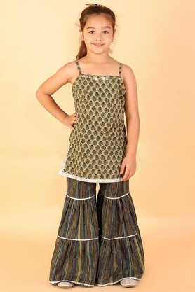 printed cotton square neck girls kurta sharara set - green