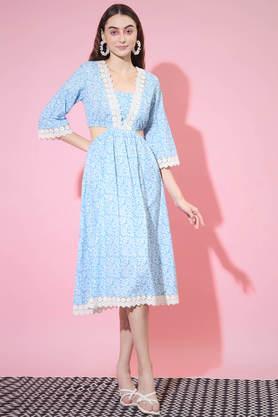 printed cotton square neck women's ethnic dress - blue