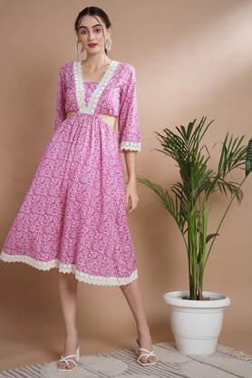 printed cotton square neck women's ethnic dress - pink