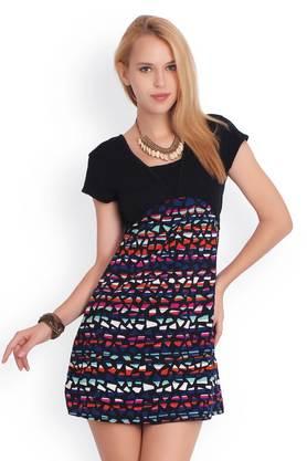 printed cotton square neck women's knee length dress - multi