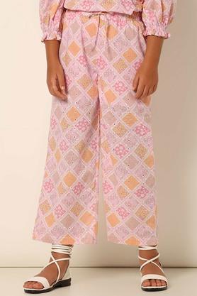 printed cotton straight fit girls trousers - pink