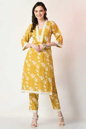 printed cotton straight fit women's kurta set - yellow