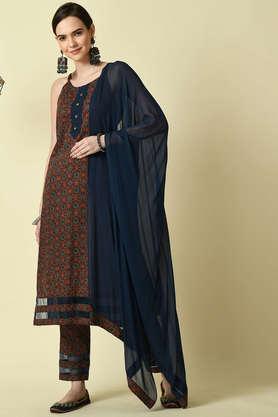 printed cotton straight fit women's kurta with trouser and dupatta - multi