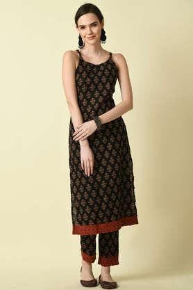 printed cotton straight fit women's kurta with trousers - black