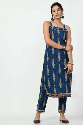 printed cotton straight fit women's kurta with trousers - blue