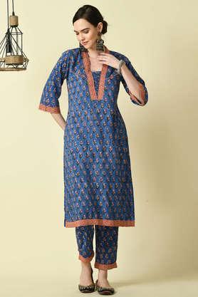 printed cotton straight fit women's kurta with trousers - blue