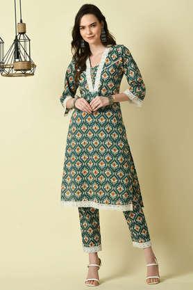 printed cotton straight fit women's kurta with trousers - green