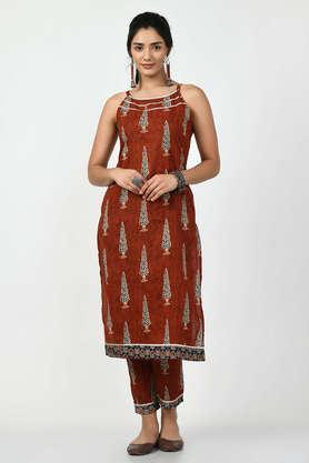 printed cotton straight fit women's kurta with trousers - rust