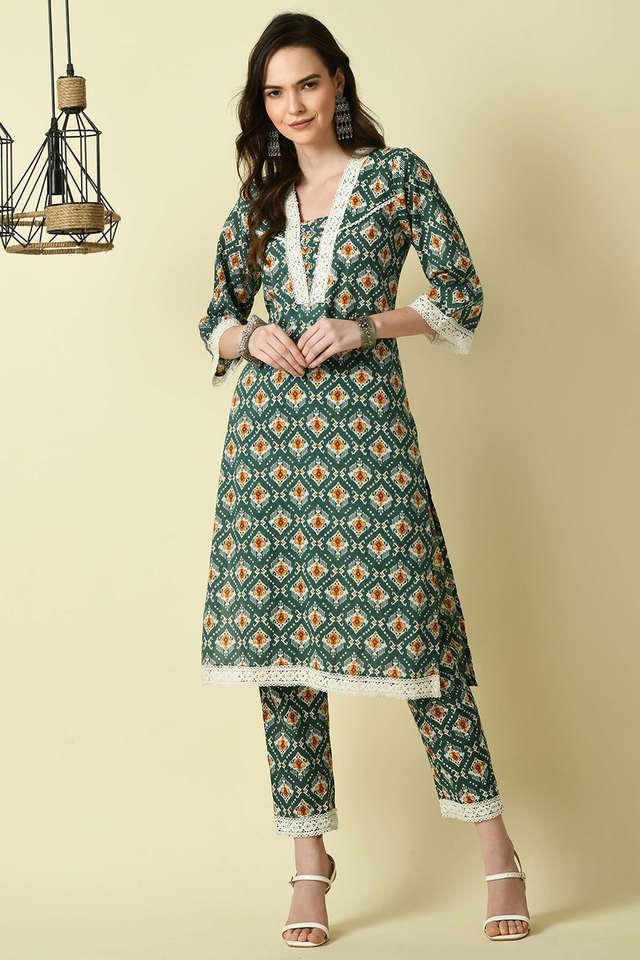 printed cotton straight fit womens kurta with trousers