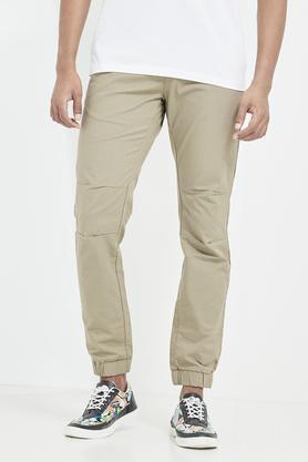 printed cotton stretch  slim fit men's trousers - khaki