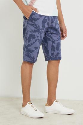 printed cotton stretch button men's shorts - blue