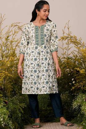 printed cotton sweetheart neck women's fusion wear kurta - natural