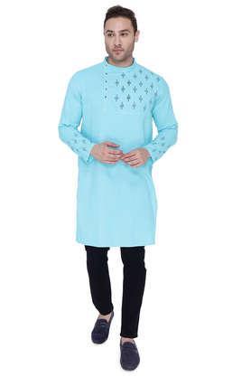 printed cotton tapered fit men's casual kurta - aqua