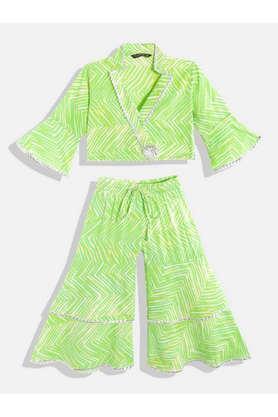 printed cotton v neck girls top with sharara - green