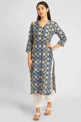 printed cotton v-neck women's casual wear kurta - deep blue