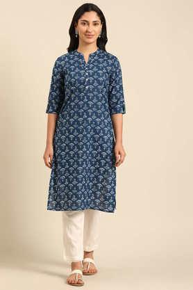 printed cotton v-neck women's casual wear kurta - indigo