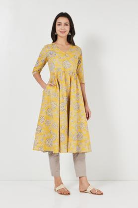 printed cotton v-neck women's casual wear kurta - yellow