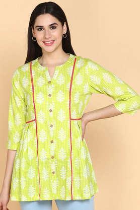 printed cotton v-neck women's casual wear kurti - mint