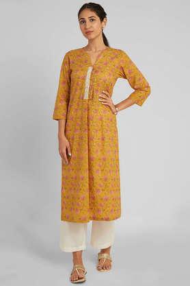printed cotton v-neck women's casual wear kurti - mustard